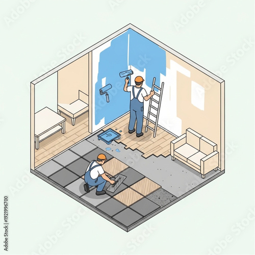 Two workers renovating a room with painting and flooring.