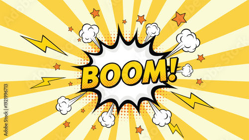 Comic style explosion with the word boom in yellow text surrounded by smoke clouds, lightning bolts, and stars on a sunburst.
