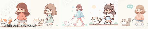 A Girl Walking a Cat Vector Illustration