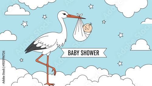 Stork flying through the clouds carrying a newborn baby in a white cloth bundle for a baby shower or birth announcement card.