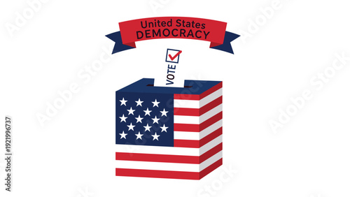 United States democracy concept featuring an American flag themed ballot box with a vote being cast for a national election.
