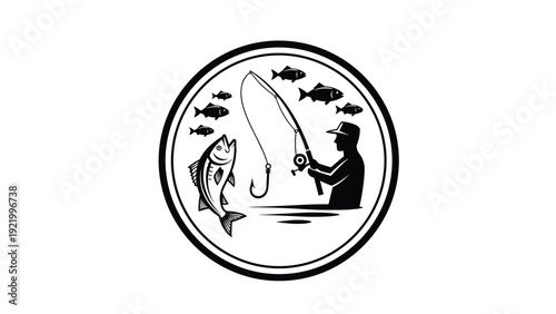 Circular fishing emblem showing a fisherman silhouette with a rod catching a large fish surrounded by smaller swimming fish.