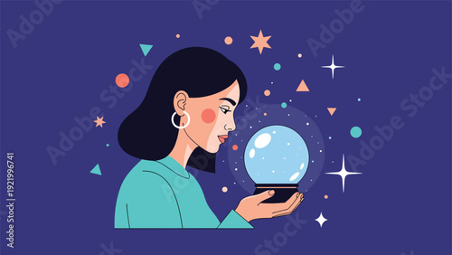 Woman looking intensely into a glowing crystal ball surrounded by stars and geometric shapes representing fortune telling.