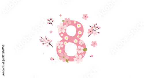 A decorative number eight is adorned with delicate pink cherry blossoms and small white daisies surrounded by scattered petals.