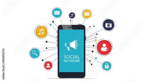 Modern smartphone surrounded by various social media and communication icons like music, email, camera, and a megaphone.