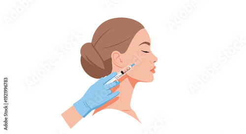 A woman in profile is receiving a cosmetic facial injection from a gloved hand holding a syringe against a white background.