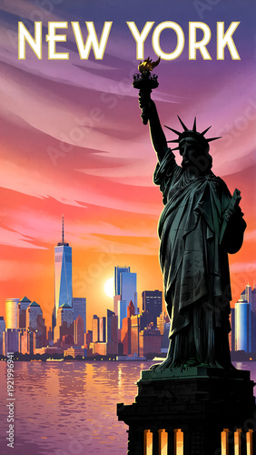 Vintage New York Travel Poster Illustration with Statue of Liberty