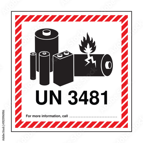 UN 3481 Lithium Battery Handling Label with Flammable Battery Icon – Hazardous Materials Transport Marking for Lithium Ion Batteries in Equipment or Packed with Equipment