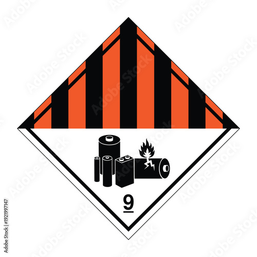 Class 9 Lithium Battery Hazard Label with Orange and Black Stripes – Dangerous Goods Transport Diamond Sign for Lithium Ion and Lithium Metal Batteries