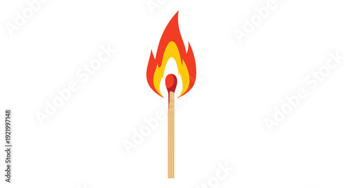 A single unlit wooden matchstick stands upright with a small, contained orange and yellow flame burning at its tip on a white surface.