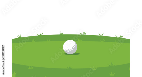 A white golf ball is perfectly centered on a lush green golf course, showcasing neatly mown grass and a slight incline.