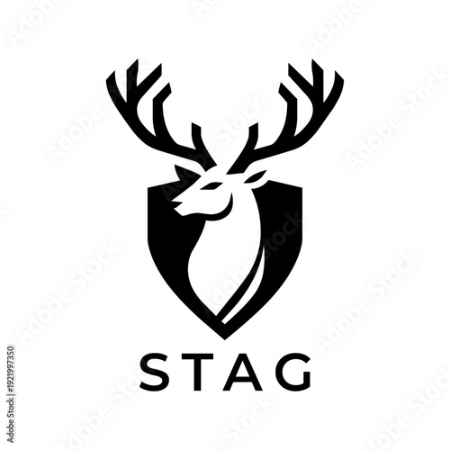 Stag Deer Head Logo Design Modern Minimalist Vector Silhouette Emblem Shield Icon Isolated on White Background Creative Wildlife Brand Identity Symbol Template For Corporate Business Branding