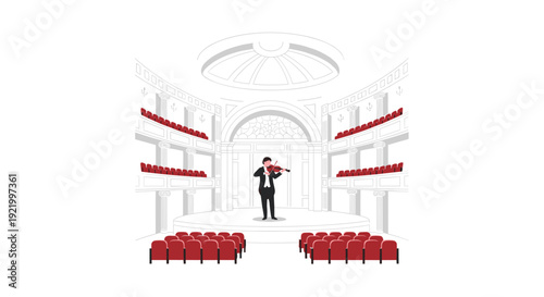 A male violinist in a black tuxedo performs on a stage within a grand concert hall, surrounded by empty red tiered seating.