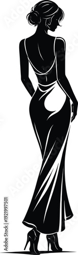 Elegant silhouette of a sophisticated woman wearing a low-cut backless evening gown and high heels