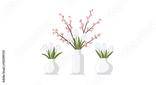 Three elegant white ceramic vases are arranged with fresh white tulips and delicate pink cherry blossoms, all displayed neatly on a bright white background.