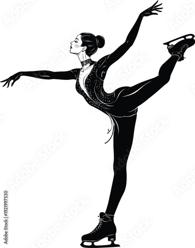 Graceful female figure skater performing an elegant arabesque spin balance on ice skates