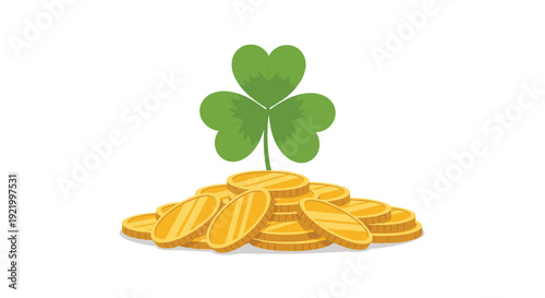 A vibrant green three-leaf clover stands upright on a large, glimmering pile of golden coins, prominently featured against a clean white background.