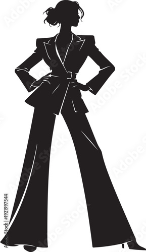 Powerful and confident female business professional silhouette standing strongly in stylish belted pantsuit fashion