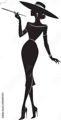 Elegant silhouette of a glamorous woman wearing a wide-brimmed hat, an off-shoulder dress, holding a stylish cigarette holder with smoke.