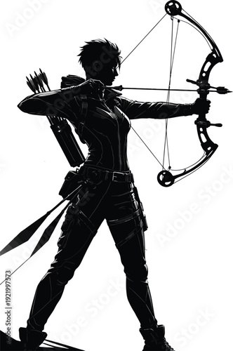 Silhouette of a female archer aiming with a compound bow and quiver of arrows on her back. The figure is depicted in a dynamic pose, ready to shoot, with a strong and focused stance