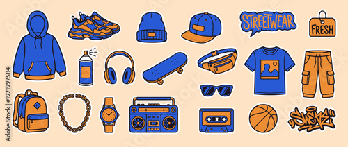 Streetwear Elements: A vibrant illustration showcasing an array of streetwear essentials, capturing the essence of urban style and youthful expression. 