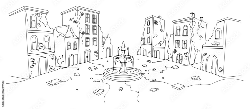 Obraz premium Ruined city square after destruction with broken buildings and fountain in continuous line art