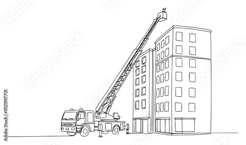 Fire truck with long aerial ladder extended to apartment building for rescue operation line art