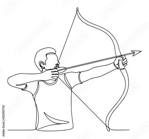 Male archer aiming with bow and arrow for archery sport or target goal concept continuous line art