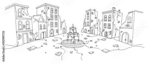 Ruined city square after destruction with broken buildings and fountain in continuous line art