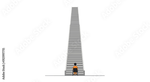 A lone person seated in a wheelchair is positioned at the very bottom of an incredibly long and steep staircase, looking up at the daunting climb ahead on white.