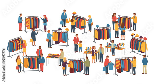 A large group of diverse people are actively shopping and browsing various clothing racks and display tables in a busy outdoor market or pop-up store setting.
