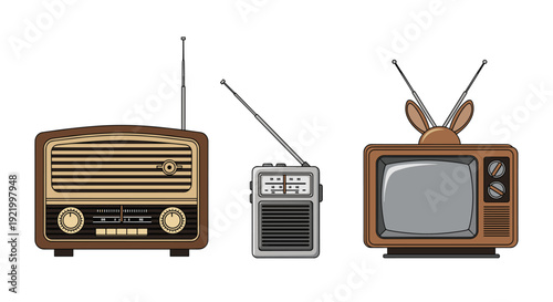 Three vintage electronic devices including a large antique wooden radio, a small portable radio, and an old television set with a rabbit ears antenna.