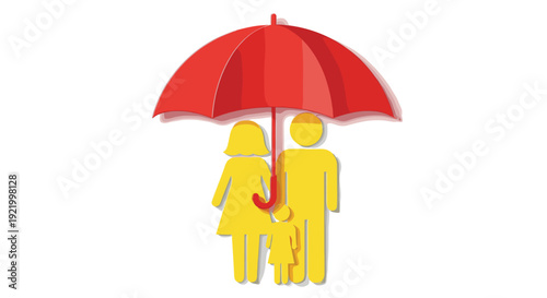 A bright red umbrella casts a shadow over a vibrant yellow family of three, featuring parents and a single child, standing on a clear white background.