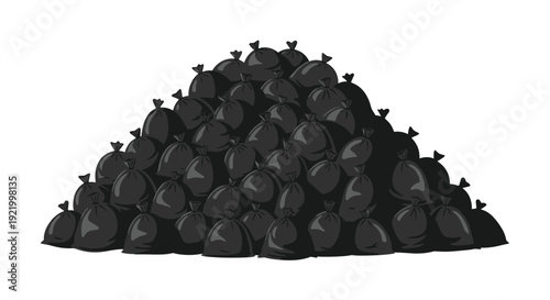 A massive conical pile of numerous tied black plastic garbage bags is meticulously stacked on a pristine white studio background.