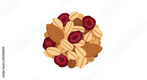 A neat circular arrangement of healthy granola ingredients, including rolled oats, whole almonds, and dried cranberries, sits on a clean white background.