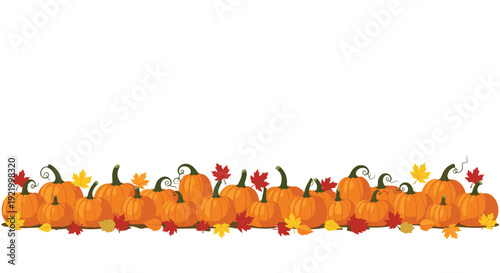A delightful horizontal border of various sized orange pumpkins and colorful autumn leaves is artfully arranged along the bottom edge of a white background.