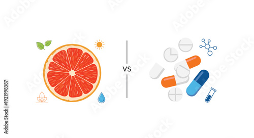 A split graphic compares natural grapefruit health on the left with pharmaceutical pills and medical chemicals on the right, against a white background.