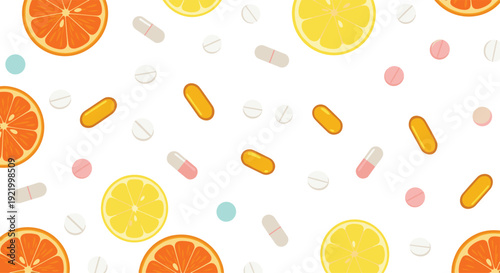 Bright citrus fruit halves, including oranges and lemons, are randomly arranged with diverse pharmaceutical pills and capsules on a clean white surface.