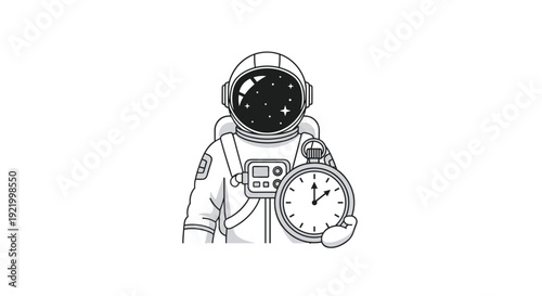 A simply rendered astronaut, wearing a classic space suit with a reflective helmet, holds up an antique-style pocket watch showing the current time on a clean white background.