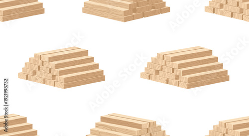A seamless repeating pattern features multiple identical small stacks of light brown wooden planks, carefully arranged in a uniform and organized manner across a white background.