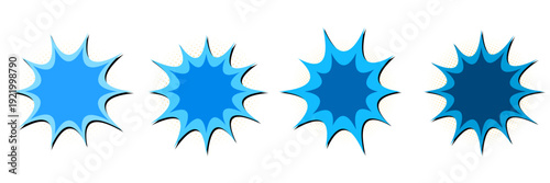 Set of four blue comic book explosion bursts for superhero action graphics and gaming