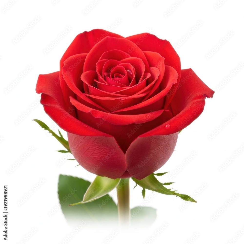 Fototapeta premium Red Rose with Green Leaves on White Background flower