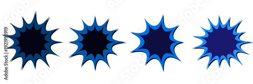 Set of four blue retro comic book action burst stickers for gaming and social media