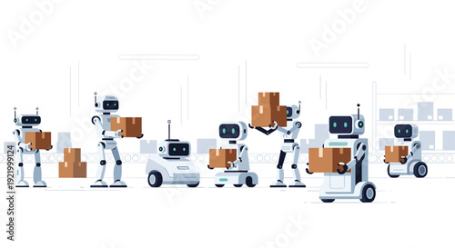 A team of industrial robots, including humanoid forms and automated guided vehicles, is actively working together on a conveyor belt in a futuristic warehouse environment.