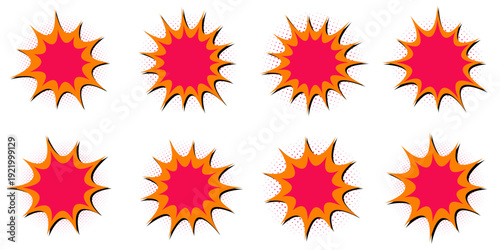 Set of 8 retro pop art comic book explosion bursts for marketing and social media ads