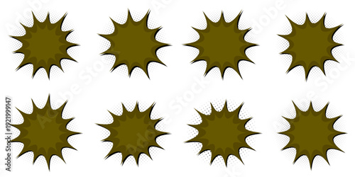 Set of eight olive green military style comic book explosion speech bubbles with halftone shadows