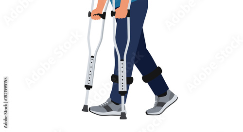 A person's lower body is shown walking with crutches, wearing blue pants, grey sneakers, and a leg brace, on a simple white background.