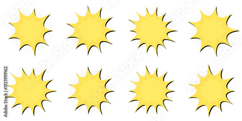 Set of yellow retro comic book explosion bubbles for discount stickers and pop art graphics