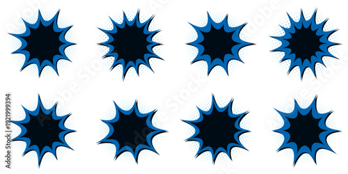 Blue Comic Book Explosion Bubbles, Superhero Action Sound Effect Graphics, Retro Pop Art Elements