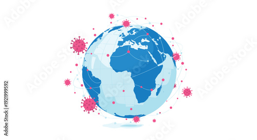 A bright blue and white globe depicting the continents is surrounded by numerous red coronavirus symbols connected by a global network.